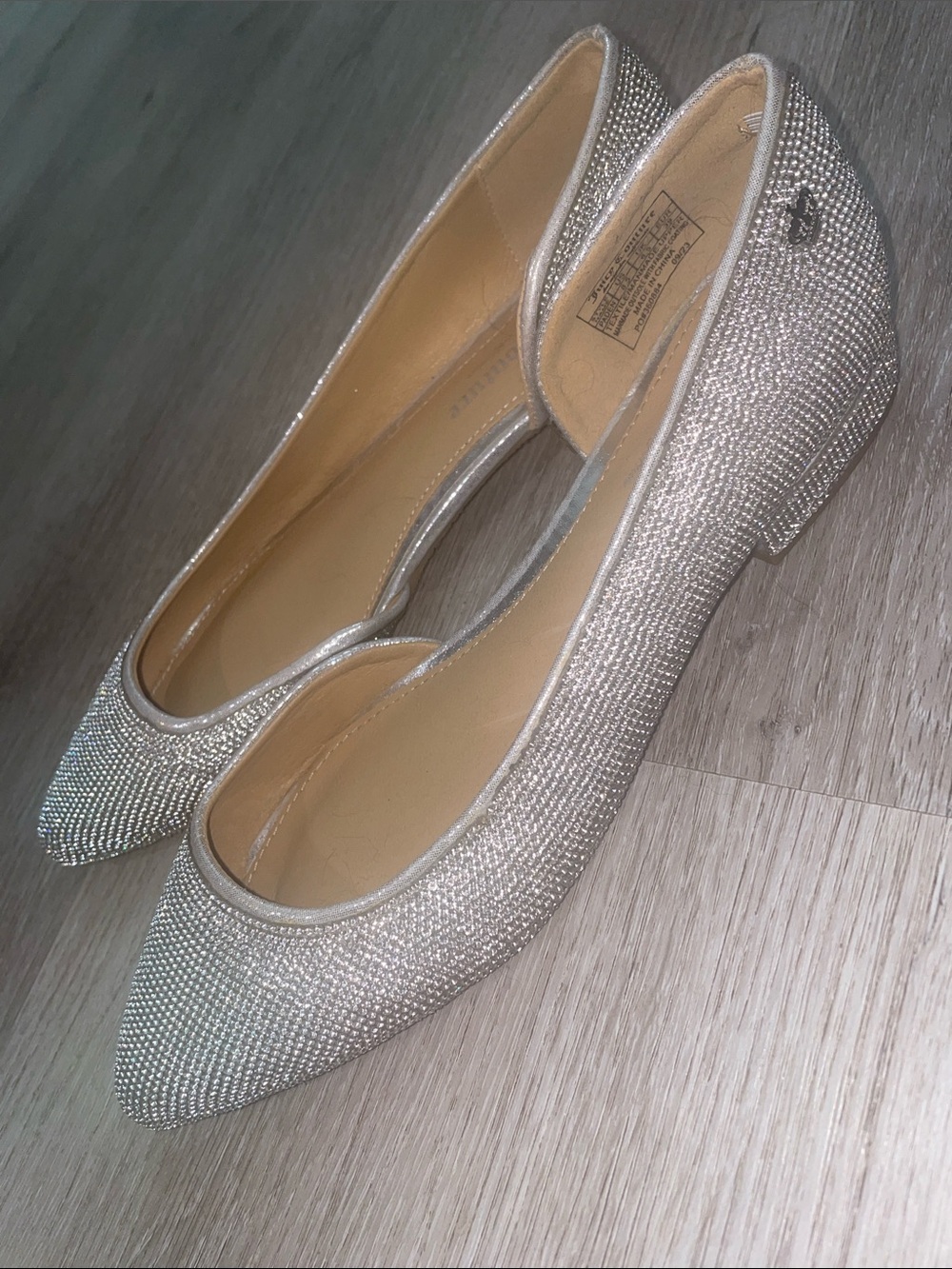 Juicy Couture Sparkling Silver | Rhinestone Crystal Pointed Toe Flats